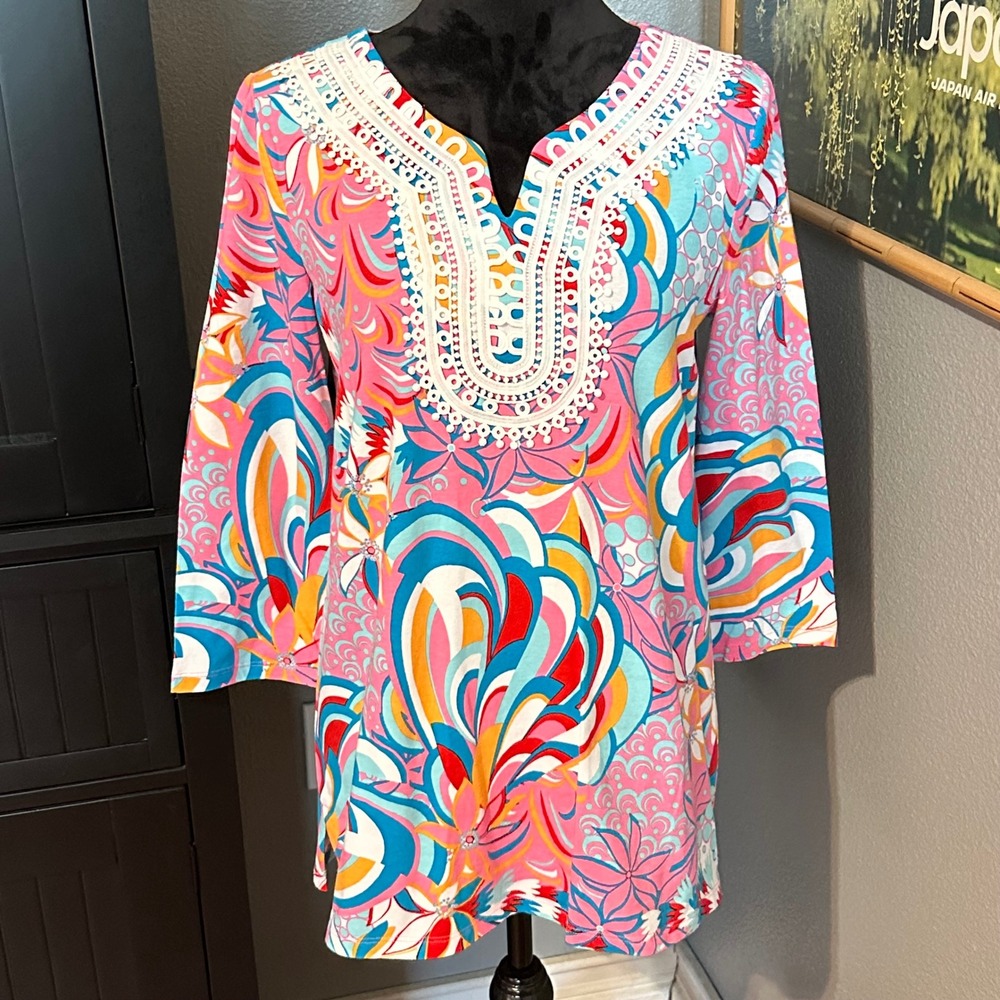 Talbots‎ Tunic Blouse Small Womens Pink Tropical Print Coastal Preppy Classic